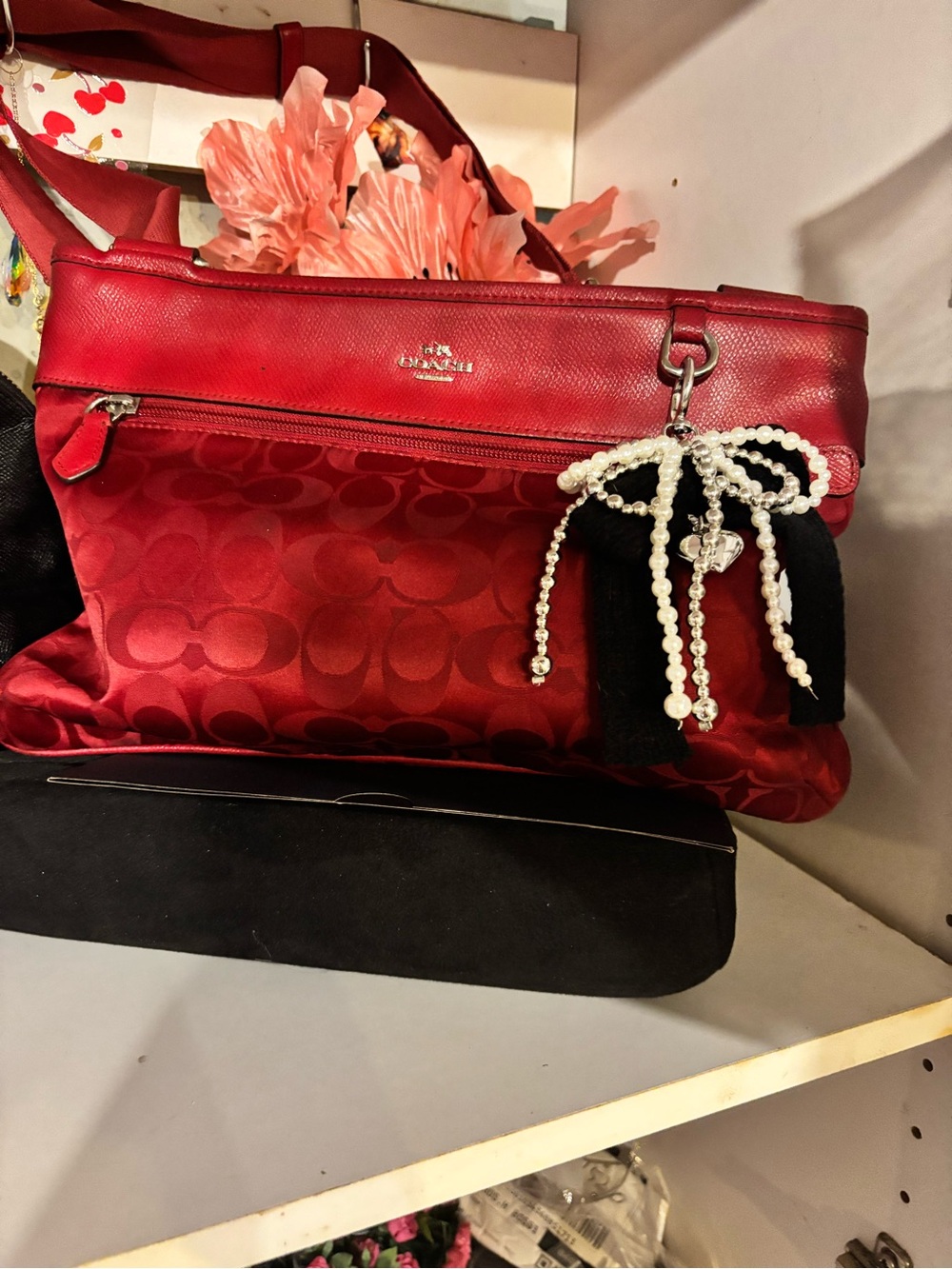 Coach Red Signature Shoulder Bag with Pearl Bow Charm